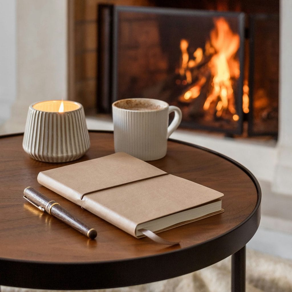 Cozy fireplace scene with a cup of hot chocolate, a lit candle, a notebook, and a pen on a round wooden table, creating a warm and inviting atmosphere perfect for relaxing or journaling.